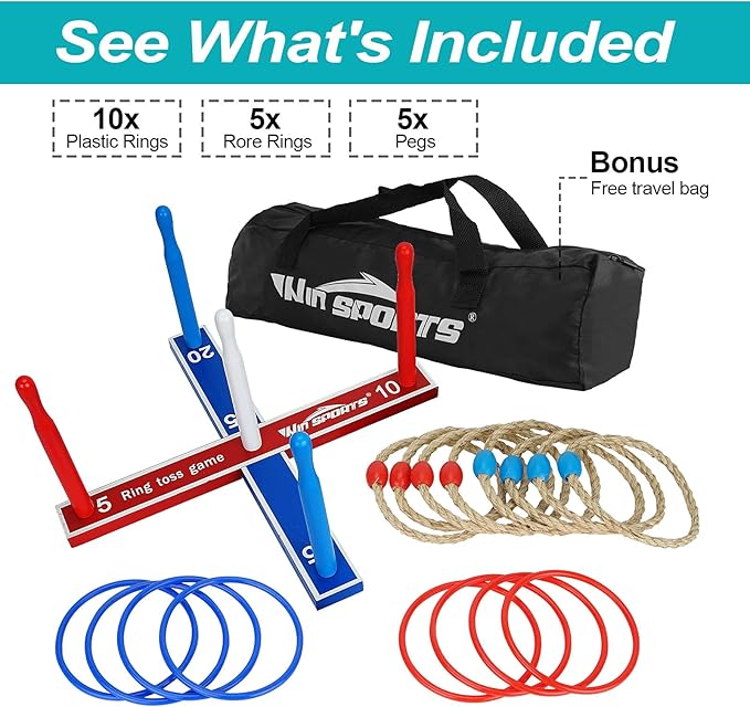Premium Wooden Ring Toss Game Set - Win SPORTS Throwing Game Indoor Outdoor Games for Kids & Adults,Includes Wood Base,Fun Family or Friends Game