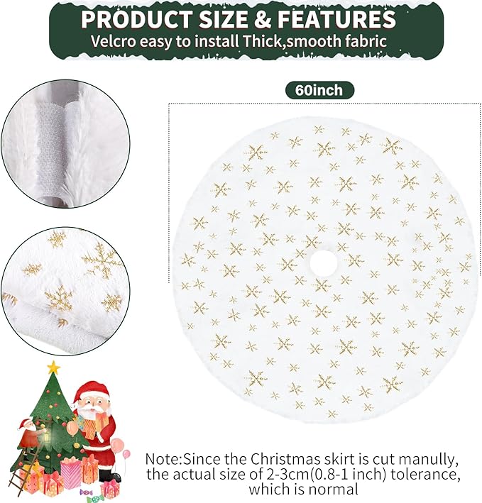 60 Inch Christmas Tree Skirt - Vonhen Large Snowy White Faur Fur Tree Skirt for Merry Christmas Party Christmas Tree Decorations White Plush Gold Sequin Snowflake