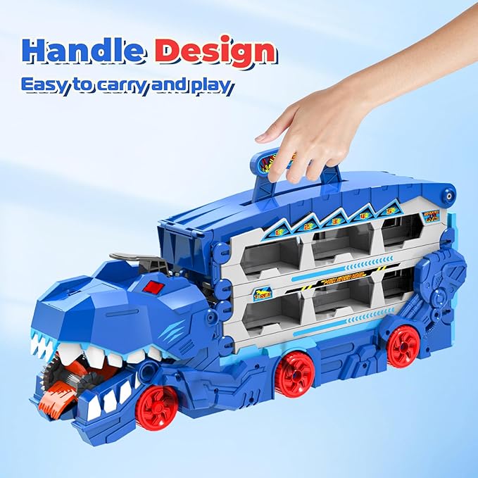 Carrier Truck Toys for Kids, 6-FT Race Track and 8 Die-Cast Metal Toy Cars, Dinosaur with Race Track Ultimate Transporter, Racing Car with Sound Toddler Toys Gifts for Age 3 4 5 6 7 8Years Old