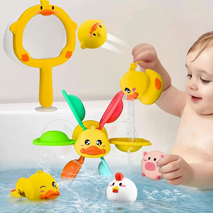iPlay, iLearn Baby Duck Bath Toy, Toddler Bathtub Suction Water Spinner Gear, Kid Shower Fishing Game W/ Net, Light up Animal, Wind up Swimming Duck, Birthday Gift 6 9 12 Month 1 2 3 Year Old Boy Girl