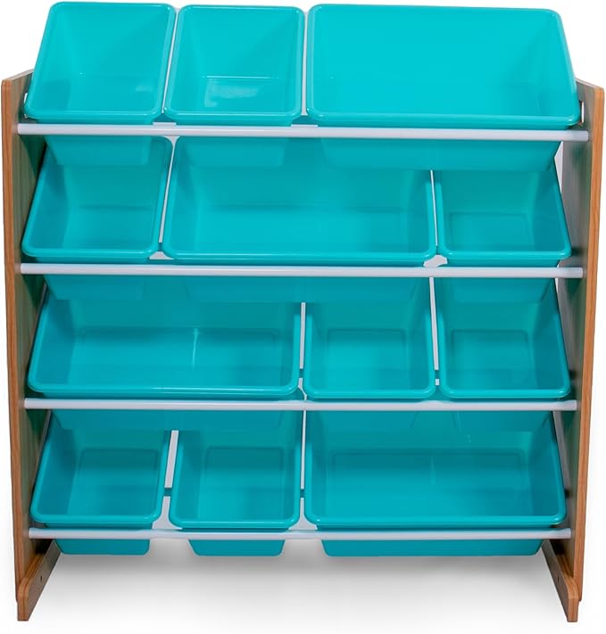 Humble Crew, Natural Wood/Aqua 12 Bin Toy Storage Organizer