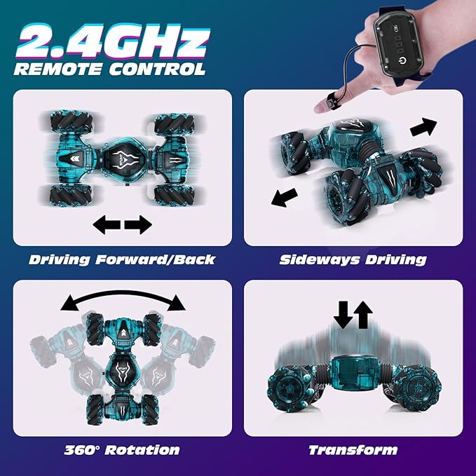 Tecnock Remote Control Car RC Cars for Boys Girls, 2.4GHz 4WD Gesture Sensing RC Stunt Car Toys - 360° Rotating Double Sided Hand Controlled RC Car with Lights, Gifts for Kids