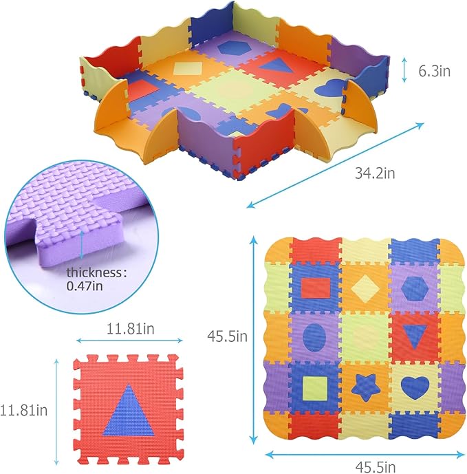 Foam Play Mat for Kids,25Pcs Square Interlocking Puzzle Floor Mat,Baby Play Mat Floor Mat Foam Puzzle Playmat for Toddlers with Fence(Shape-CSH028