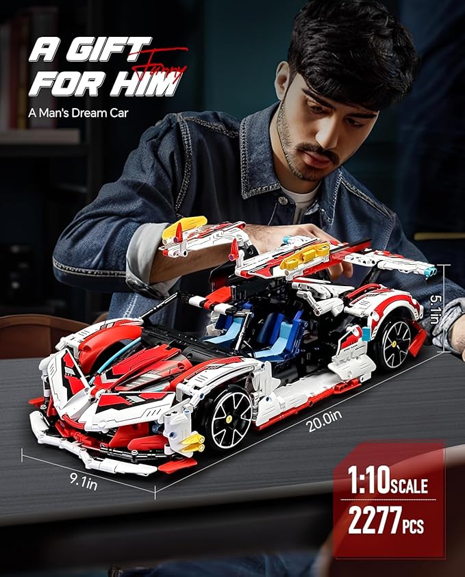 BAV 1:10 Race Car MOC Building Kit and Engineering Toy, Adult Collectible Sports Technology Model, Remote Control Scale for Adults Men Teens (2277 Pcs)