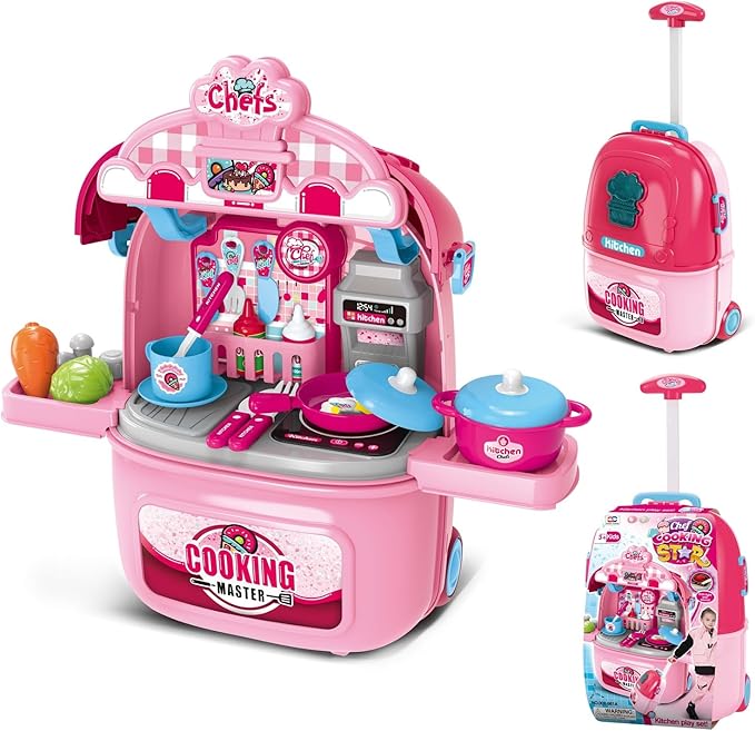 Awsoo Play Kitchen Set for Toddlers 3-5, Portable Play Kitchen with with Rolling Suitcase to Storage Plenty Toys Food, Interactive Pretend Play Toy Kitchen for Kids 3 4 5 6