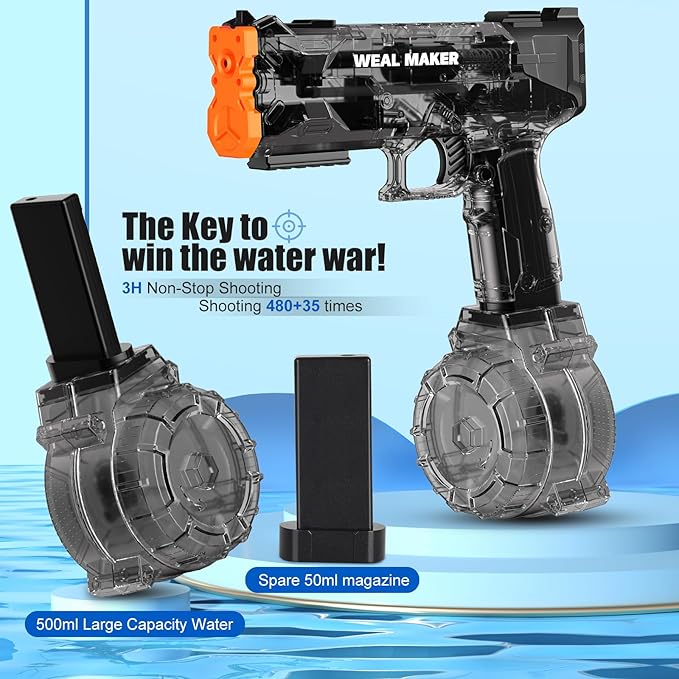 2 Pack Stronger Electric Water Gun for Kid/Aldult,Transparent Automatic Squirt Guns High Powered IP67 Waterproof, Water Guns with 400 Ammos for Outdoor Summer Beach Pool (Blue+Black)