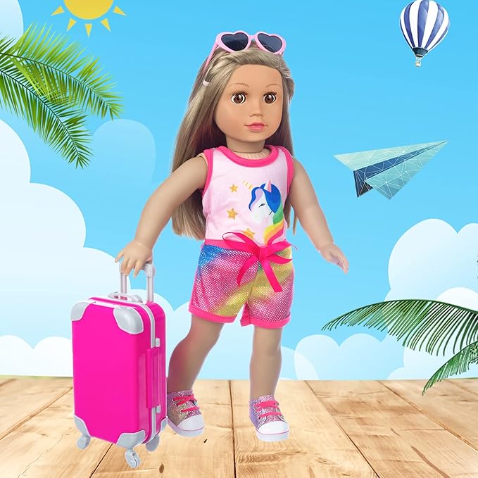 23 Pcs American 18 inch Doll Clothes and Accessories - Suitcase Luggage , Pillow, Sunglasses, Camera, Passport, Mobile Phone , Computer Doll Travel Gear Play Set (No Doll)