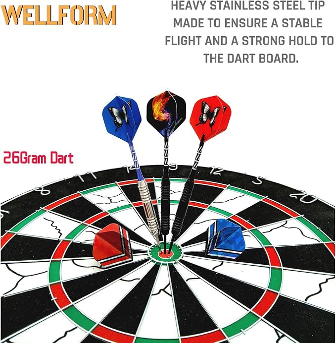Darts Metal Tip Set,12 Pack 26 Gram Nonslip Iron Barrel, Darts Steel Tip Set Professional,with 12 Aluminum Dart Shafts, 24 Extra Flights, Dart Sharpener, Dart Wrench, Stylish Gift Box