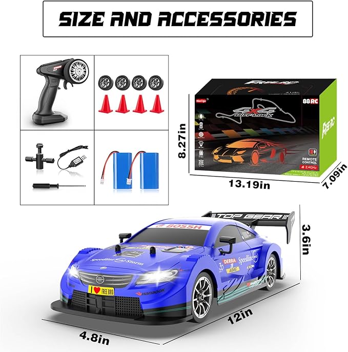 1/16 RC Drift Car, 2.4GHz 4WD Remote Control Drift Car, 30+KM/H High Speed Drift RC Cars with LED Lights 2 Batteries and Drift Tires Race Cars for Adults Boys Kids, Blue