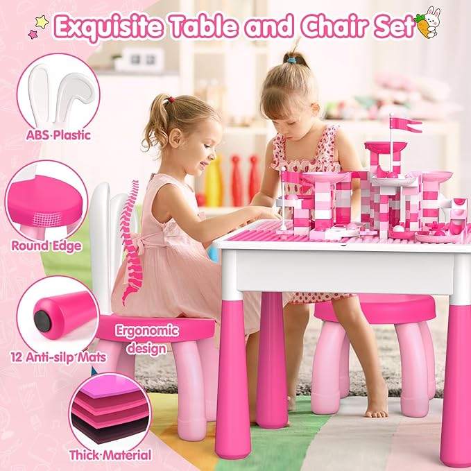 Kids Toddler Table and Chair Set: Water Activity Table With 152Pcs Large Marble Run Building Blocks, 2 Rabbit Chairs, Storage All in One Play Sensory Sand Table - 3-10 Year Old Girl Toys Gifts