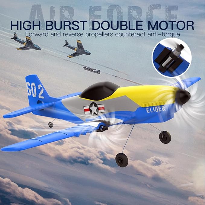 Rc Plane 3 Channel Airplane,P51D Mustang Fighter with 2 Batteries,Built-in Gyro Self-Stabilizing System Easy to Fly Rc Airplane,Rc Glider for Kids Adults Beginners