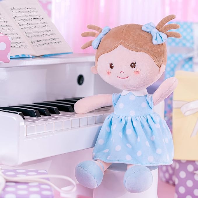 Onetoo Soft Baby Doll First Baby Doll Sleeping Cuddle Buddy Doll Plush Rag Doll Wear Blue Polka Dot Dress14