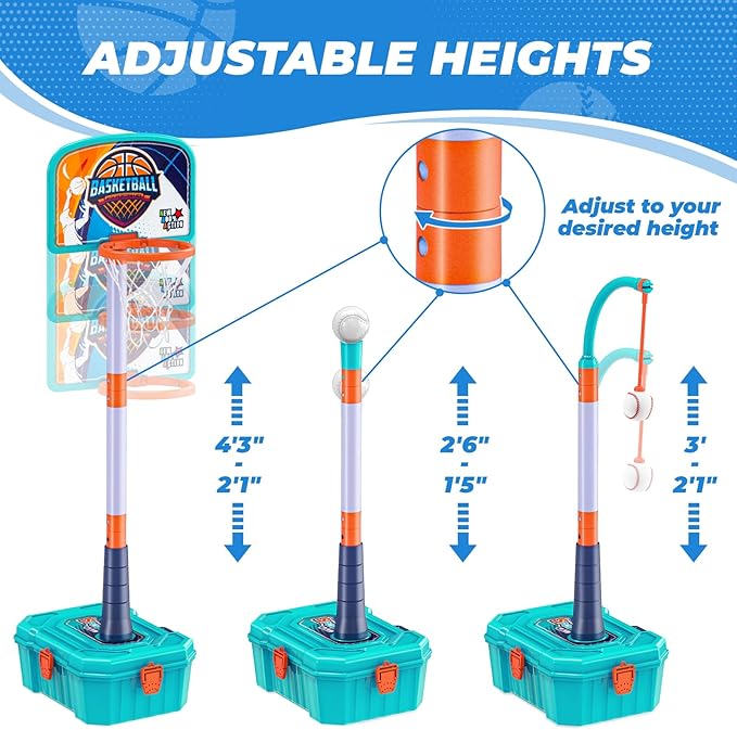 4 in 1 Basketball Hoop for Kids 1-3,Toddler basketball hoop and T-Ball Set,Height Adjustable Kids Basketball Hoop,Baseball Launcher,Indoor/Outdoor Basketball Hoop Toy for Boys and Girls Birthday Gifts