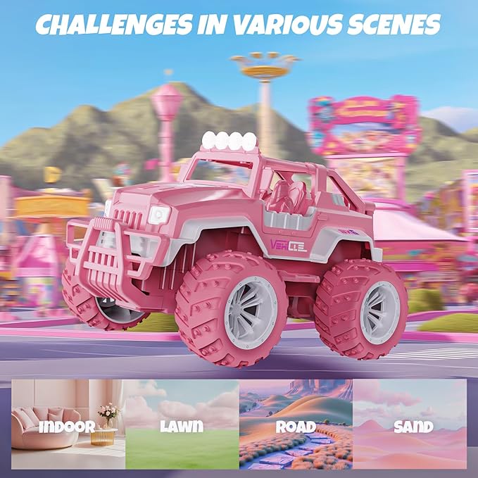BEZGAR Remote Control Car for Girls - 1:16 Pink RC Cars with 4 Windmills, 2.4GHz with LED Lights, 80 Mins Play with Rechargeable Battery, Truck Jeep Toys for Kids