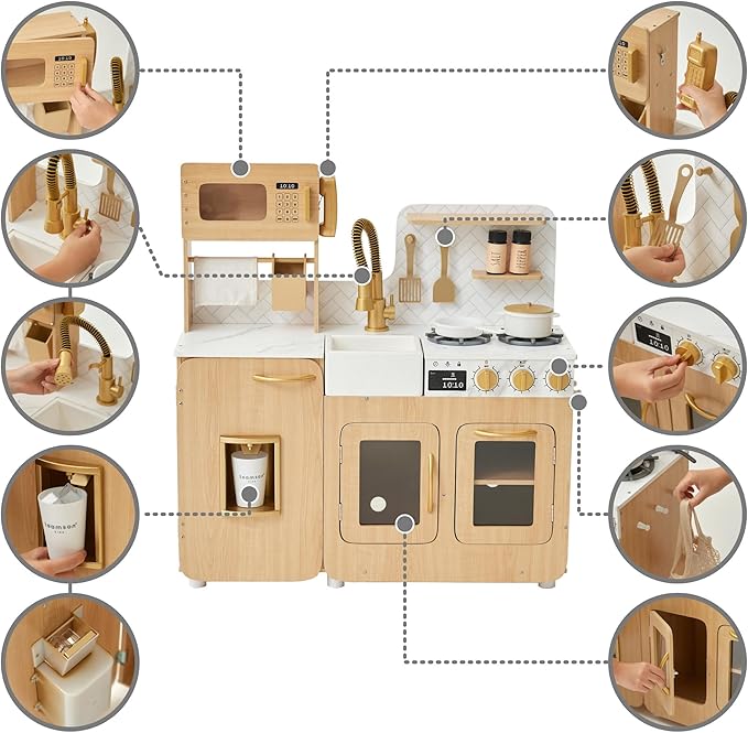 Teamson Kids Little Chef Cyprus Wooden Play Kitchen Set – Pretend Toy Kitchen for Toddlers & Kids Ages 3+ with Ice Maker, Storage & Accessories – Play Kitchen for Kids, Light Oak & White Faux Marble