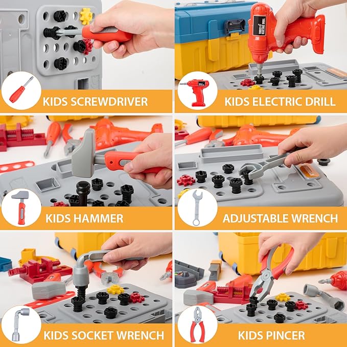 3-in-1 Kids & Toddler Tool Bench with Working Electric Drill - Realistic Construction Toys Learning Set for Ages 2-6, Interactive Workshop Playset for Birthday & Christmas