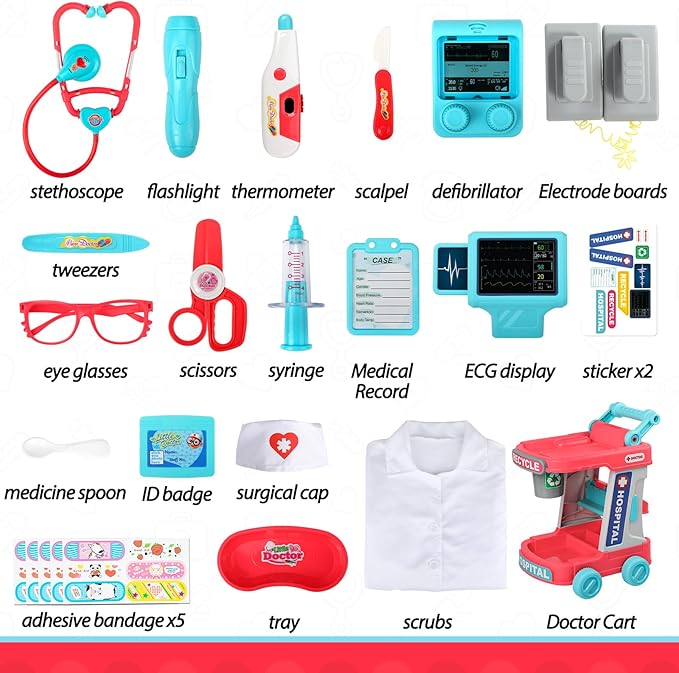 Liberry Doctor Kit for Toddlers Aged 2 3 4 5, Pretend Doctor Playset for Kids with Cart, Costume and Stethoscope, Role Play Medical Toy for Girls Boys (Red)