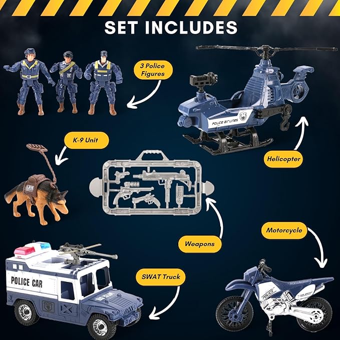 Liberty Imports 8 PCS Police Rescue Patrol Toy Vehicles and Figures Playset - Helicopter, SWAT Truck, Motorcycle, Action Figures, K-9, Weapons, and Accessories for Kids Imaginative Pretend Play
