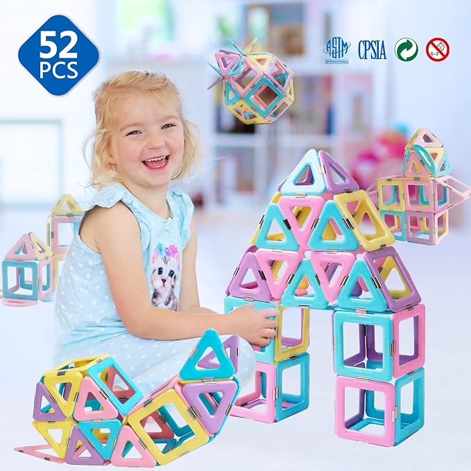 MAGBLOCK Magnetic Tiles Toys for 3 Year Old Girls, Magnet Blocks for Toddler Girl Toys, Magnetic Building Blocks for Kids Birthday Gift Present Set 52 Pieces
