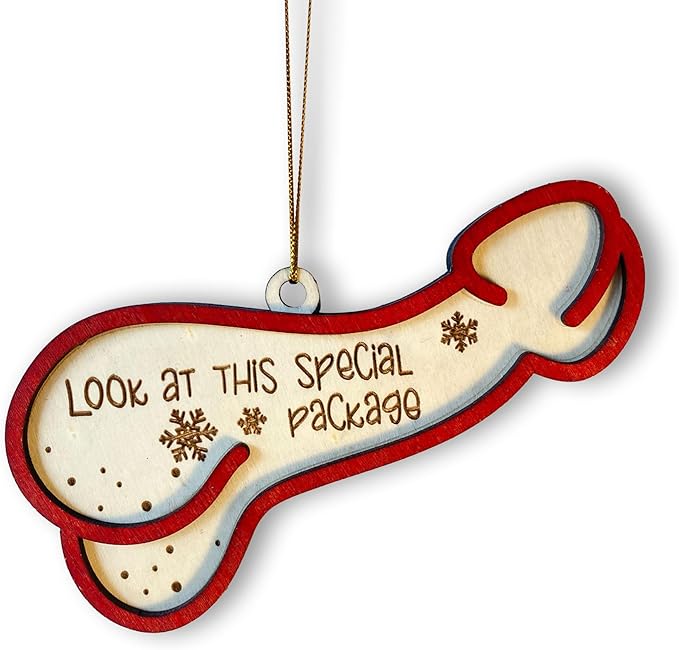 Penis Christmas Ornament - Penis Funny Christmas Tree Hangin Ornament- Look at This Special Package Novelty Christmas Ornament - Fun and Quirky Wooden Penis-Shaped Holiday Decoration