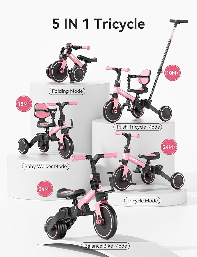 besrey 5 in 1 Toddler Bike, Toddler Tricycle for 1-3 Year Old, Trike with Push Handle, Backrest and Safety Belt, Birthday Gifts and Toys for Boys and Girls, Balance Bike