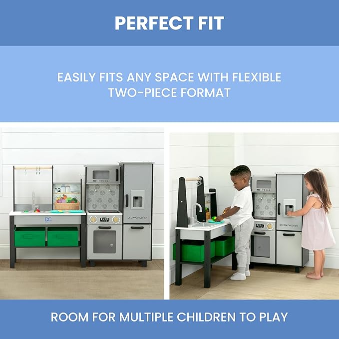 Delta Children Gourmet All-in-One Corner Play Kitchen - Toy Kitchen Playset with Safe & Heatless Stove with Lights, Oven, Sink, Fridge/Freezer with Ice Maker and 20 Accessories, Grey