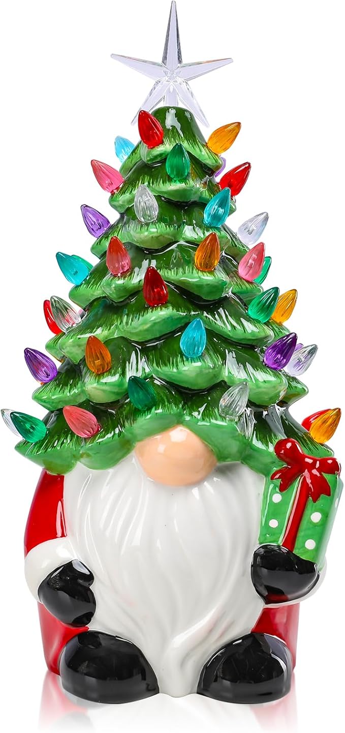 Small Ceramic Christmas Tree Hand-Painted Vintage Tabletop Christmas Tree Holiday Decoration with Multi-Color Lights Green Gnome 11 inch
