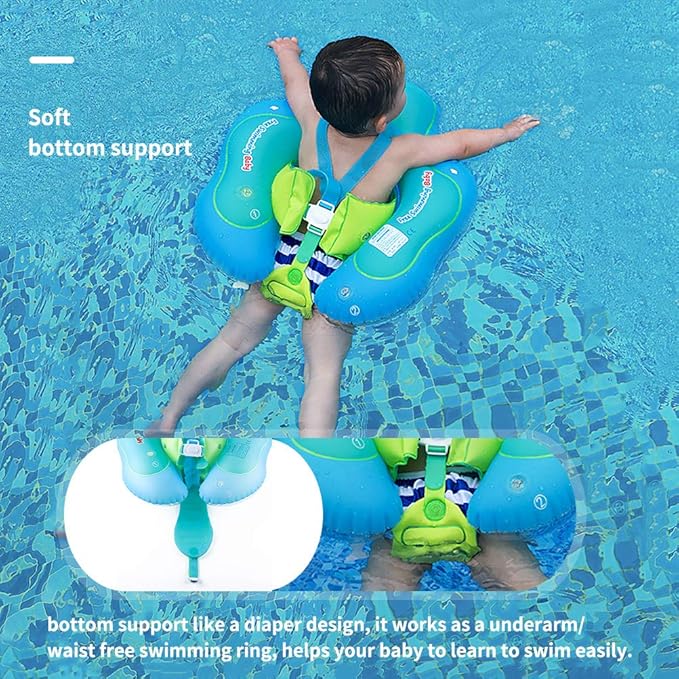 Free Swimming Baby Infant Pool Float with Sun Canopy Inflatable Baby Swimming Floatie with Sponge Safety Bottom Support Water Toys Swimming Trainer (Blue, Large)