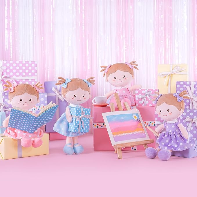 Onetoo Soft Baby Doll First Baby Doll Sleeping Cuddle Buddy Doll Plush Rag Doll Wear Blue Polka Dot Dress14