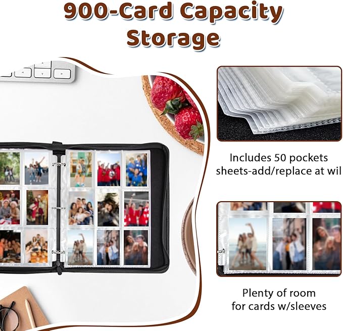 900 Pocket Trading Card Storage Album, Card Binder with 50 Durable 9-Pocket Pages, Fire Dragon Design on Pocket Card Packs, Thanksgiving Christmas Gifts for Zipper Closure Collector's Album