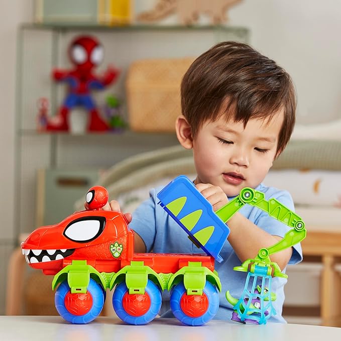 Spidey and his Amazing Friends Marvel Dino-Webs Crawler Toy Car Playset, Spider-Man & Goblin Raptor 4-Inch Action Figures, Kids Ages 3 & Up