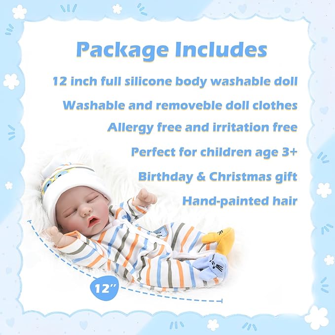 Lifelike Reborn Baby Dolls - 12 Inch Full Vinyl Realistic Baby Doll Sleeping Newborn Real Life Small Baby Doll for 3 + Year Old Kids
