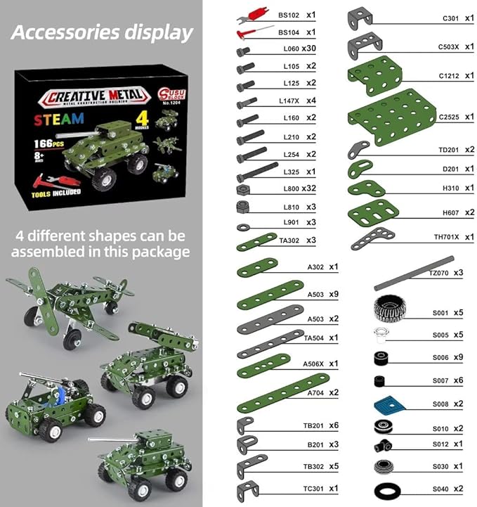 Metal Building Military Series Assembly Toys,Small Erector Set for Kids Ages 4-8, Military Toys for Boys Age 8-12,STEM Toy Gifts for Model Military Kit(166pcs No Motor)