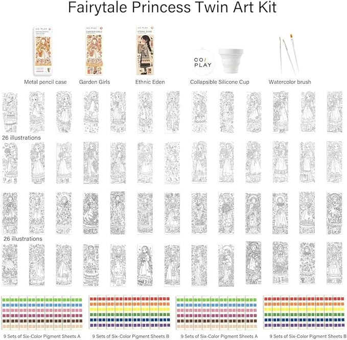 COIPLAY 648 Color Blocks Watercolor Paint Set, 52-Bookmarks, 3 Brushes, Silicone Cup, Fairytale Princess Coloring Books, for All Ages, Travel-Friendly, Easy to Use,No Mess, All in One, Art Supplies