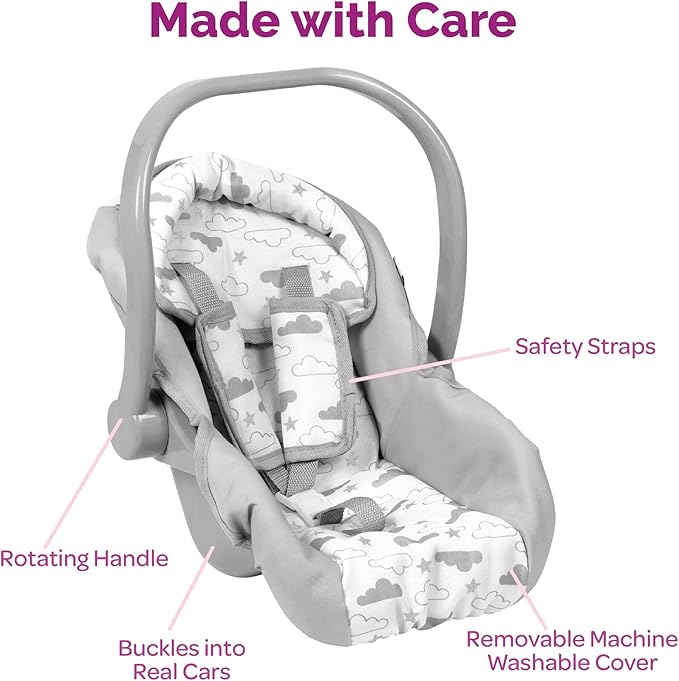 Adora up to 20 Inch Baby Doll Car Seat Carrier Grey Handle Converts to Rocker Lightweight Machine Washable Cover Toy Baby Doll Car Seat Accessory – Twinkle Stars