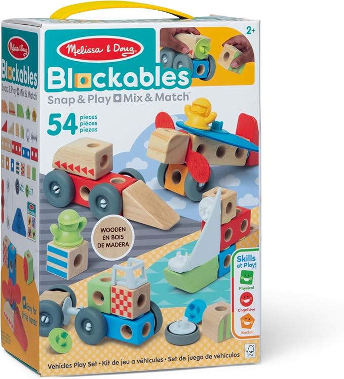 Melissa & Doug Blockables™ Vehicles Snap and Play, Mix and Match Connectable Wooden Building Blocks Play Set Toy for Preschool Boys and Girls (54 Pcs)