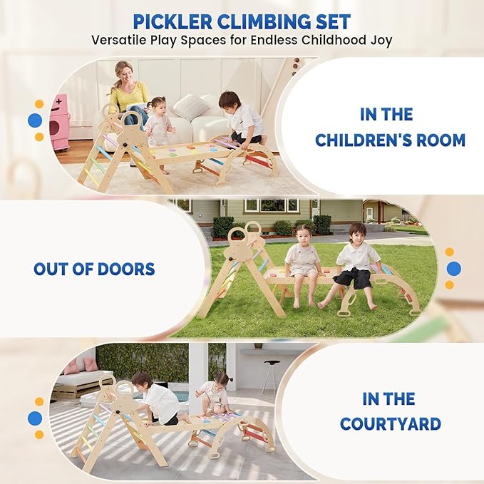 Pikler Triangle Set for Kids, 8 in 1 Colorful Montessori Large Climbing Toys for Toddlers 1-6 Inside with Arch, Ramp and Foldable Triangle, Cushion Pad and Chalkboard