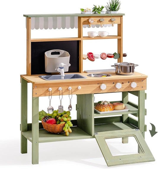 ROBUD Mud Kitchen for Kids Outdoor, Solid Wood Outdoor Play Kitchen, Green Kids Mud Kitchen with Barbecue Grill, Removable Sink & Faucet, Monteeori Toys for Children Ages 3+, WH003