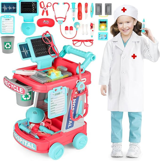 deAO Doctor Kit for Kids Ages 3+, Pretend Doctor Play Set with Doctor Cart, Costume and Stethoscope, Toddlers Doctor Role Playset Medical Kit for Girls Boys (Pink)