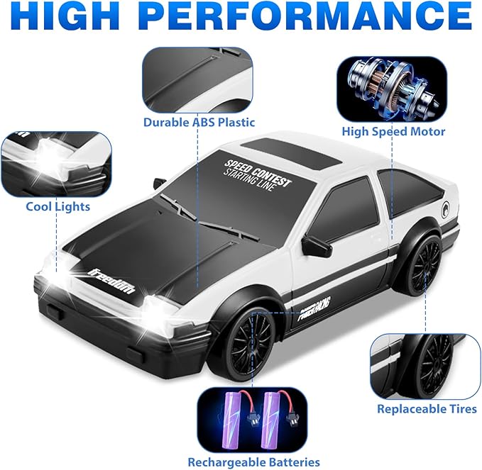 RC Cars Remote Control Car 1/24 2.4GHz 4WD Drift Car High Speed RC Cars Racing Cars Cool Lights Two Rechargeable Batteries Extra Tires Birthday Toy Car Kids Boys Adults White - 2 Batteries