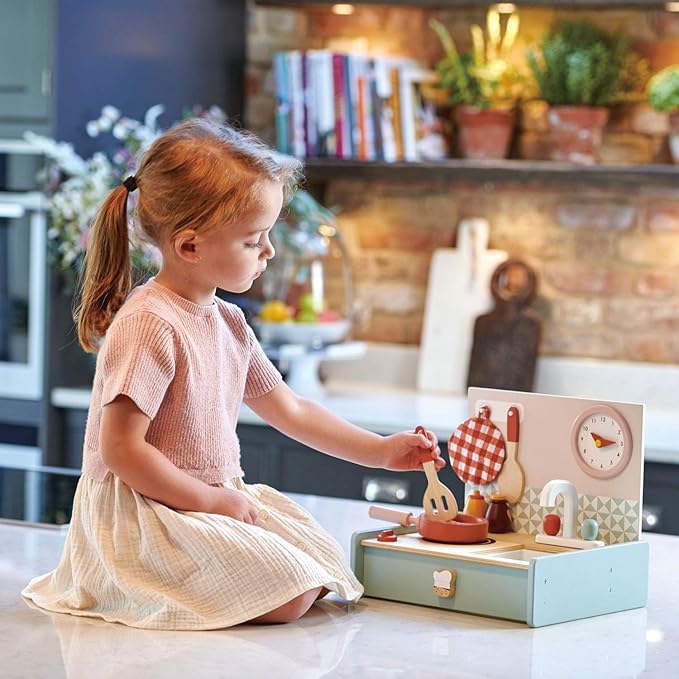 Tender Leaf Toys - Mini Chef Kitchenette - Foldable Portable Wooden Kitchen with Accessories for Pretend Cooking – Develops Social, Creative and Imaginative Skills - Learning Role Play - Age 3+