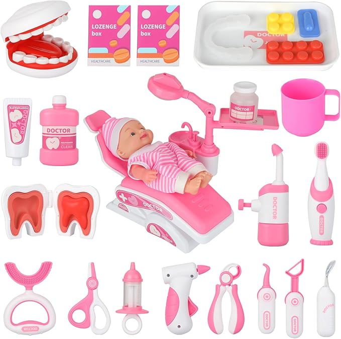 Doctor Kit for Toddlers 3-5, 28 Pcs Kids Dentist Set for Girls Boys Gift, Pretend Medical Kit With Chair, Dental Tools, Cute Doll, Role Play Dentist Gift for Birthday Christmas (Pink)