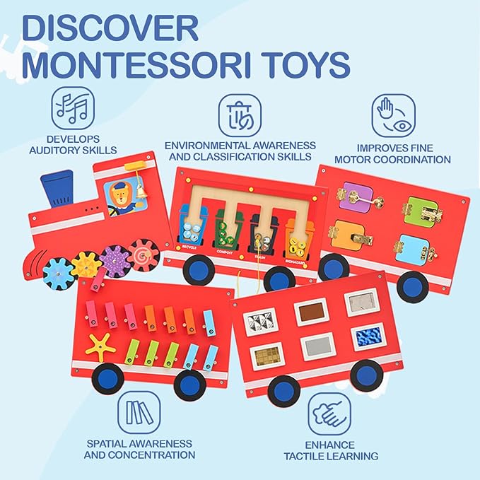 Monläurd® Wooden Train Activity Wall Panel for Kids, Sensory Wall Toy, Activity Cube, Wall Toys for Toddlers 1-3, Playroom Toys, Daycare Furniture, Montessori Busy Board