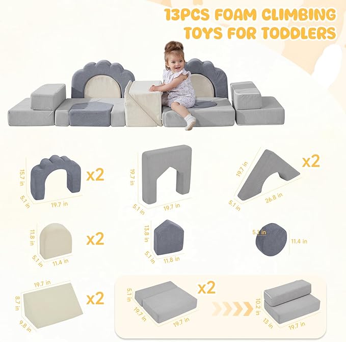 Foam Climbing Toys for Toddlers, 13pcs Climb and Crawl Activity Playset, Soft Play Climbing Blocks for Toddlers, Indoor Crawling Sliding Toys