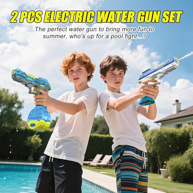 2 Pack Super Electric Water Guns, High Capacity, Long Range Up to 25-32ft, Powerful Fully Automatic 'Unlimited Bullets' Water Gun for Connecting Pool, Ultimate Summer Outdoor Water Battle Fun