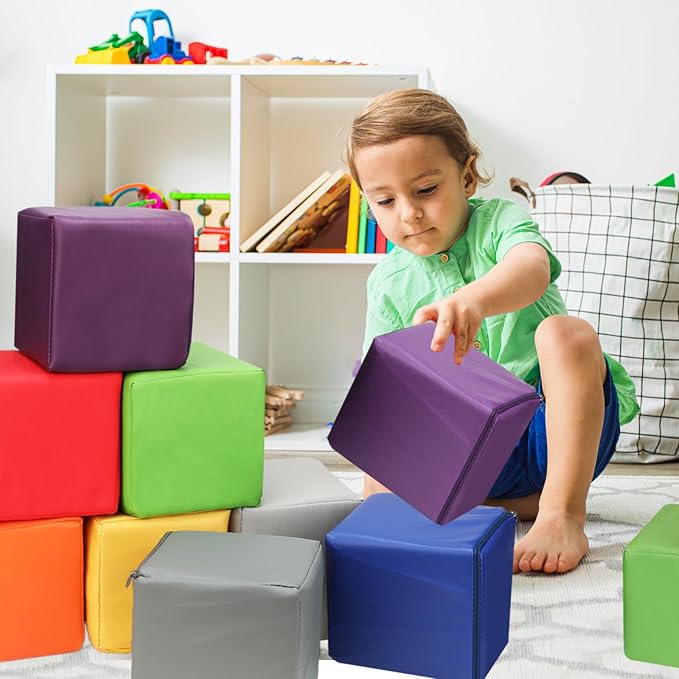 16 PCS Foam Blocks PU Leather Soft Building Play Soft Cubes for Kids Colourful Foam Stacking Blocks for Indoor or Outdoor Play-Set Preschool Learning