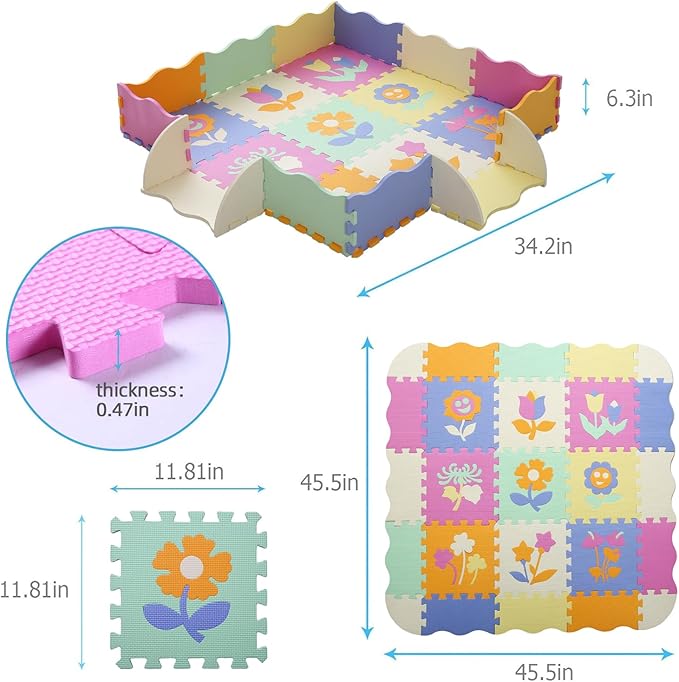Foam Play Mat for Kids,25Pcs Square Interlocking Puzzle Floor Mat,Baby Play Mat Floor Mat Foam Puzzle Playmat for Toddlers with Fence(Flower-CSH037