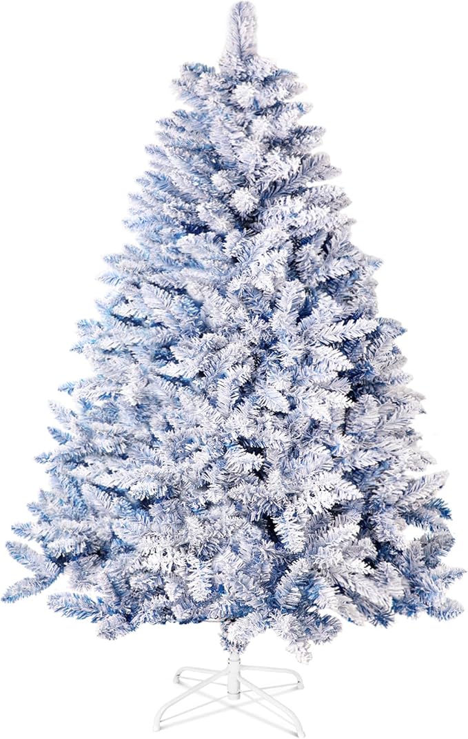 SUNCROWN 6ft Artificial Flocked Christmas Tree Premium Frosted Snow Christmas Tree Hinged Xmas Tree Holiday Decor for Indoor Outdoor, Foldable Metal Stand, 1000 Branch Tips, Dark Blue