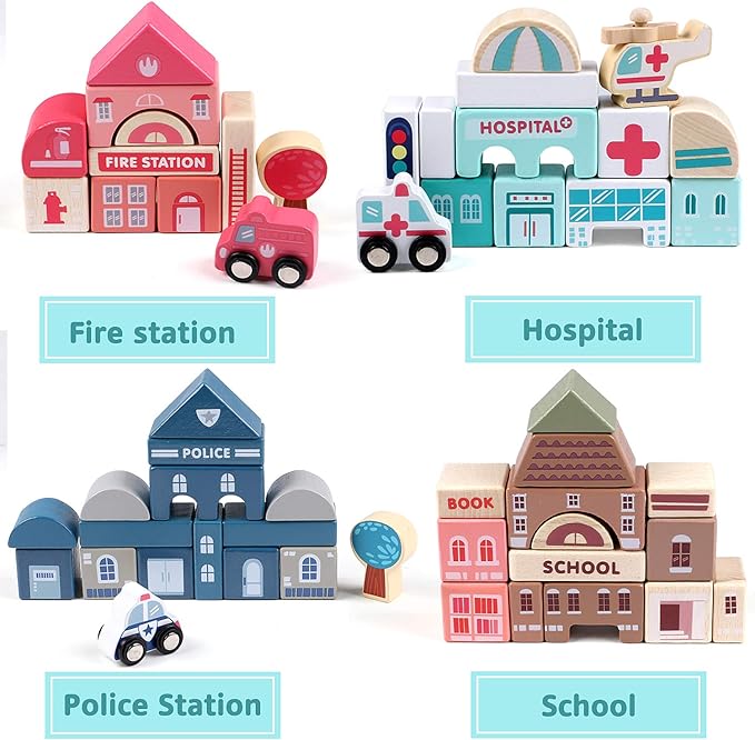 Lewo 115 PCS Wooden Building Blocks with City Map Construction Building Sets City Building Blocks Stacking Blocks Preschool Educational Learning Toys for 3 4 5 6 Years Old Kids Boys Girls Children