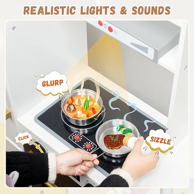 Interactive Wooden Toy Play Kitchen Playset for Kids – Realistic Lights & Sounds, Corner Design with 8 Accessories, Gift for Girls & Boys Ages 3+